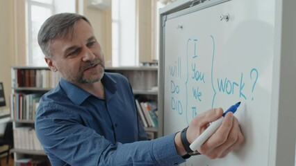 Portrait of mature Caucasian teacher of English language standing at whiteboard explaining question sentence structure