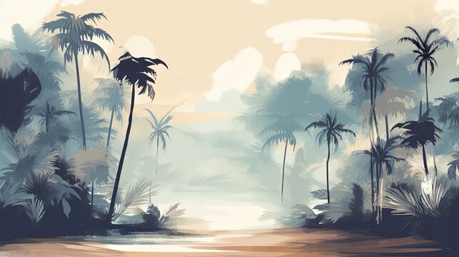 watercolor style illustration of coconut forest beside river or beach coastal line, summer background wallpaper, Generative Ai