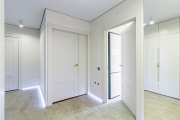 Modern entrance hall in light colors with interior doors in white and gold