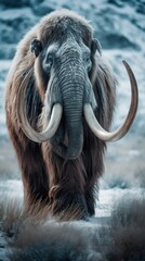 Close-up of a large woolly mammoth standing in the snowy mountains, Generative AI - obrazy, fototapety, plakaty