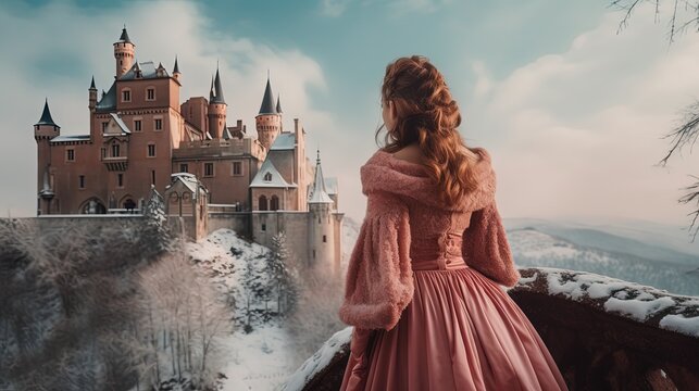  pretty woman wearing gorgeous pink dress in front of fairytale castle covered with snow, Generative Ai