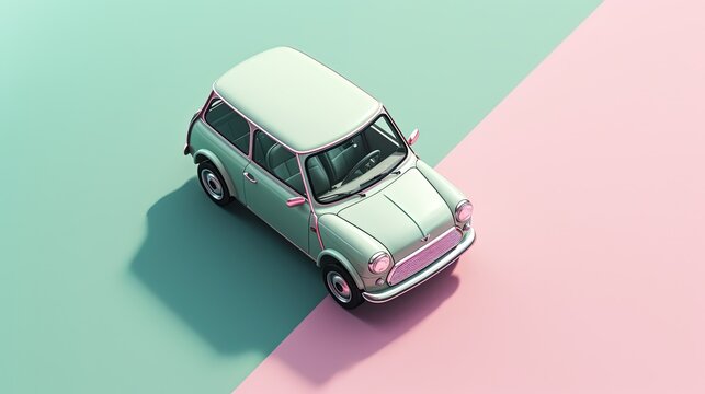 top view of a cute vintage blue car on pink and blue road, Generative Ai