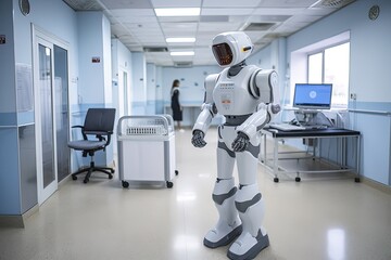 Fototapeta na wymiar futuristic robot in hospital, concept of technology for medical center, Generative Ai