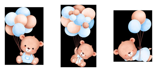 Baby Boys art posters cute cuddly teddy bear and balloon  design composition in trendy contemporary collage style, for wall art decoration, postcard, cover design
