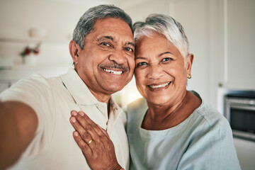 Love, happy and elderly couple smile for selfie, profile picture and photo in living room, cheerful and hug. Portrait, retirement and excited old people enjoying retired lifestyle in their home