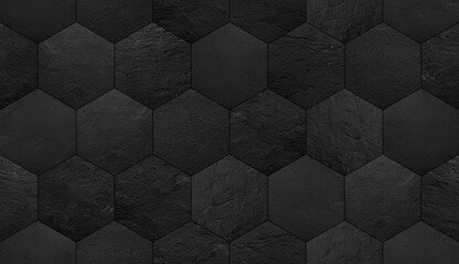 Black stone hexagonal tiles textured background. Dark natural material mosaic wall.
