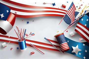 Obraz premium Happy Labor Day. Independence day USA banner mockup with American flags, drinking straws. Generative Ai