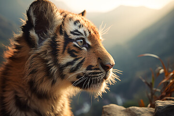 tiger in mountain with the closeup camera Generative AI