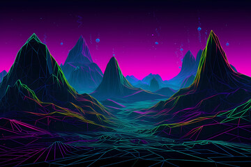 Neon landscape with mountains,background,Cyberspace,cool