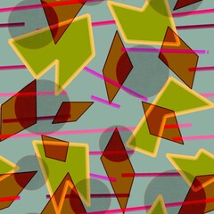 Seamless pattern of transparent geometric shapes on a green background for textiles.