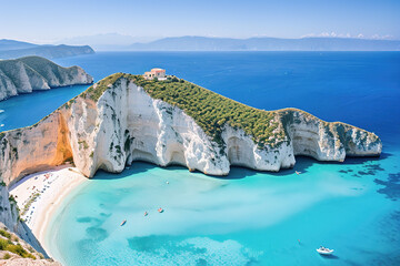 Obraz premium Navagio beach, Zakynthos island, Greece, Generative AI.