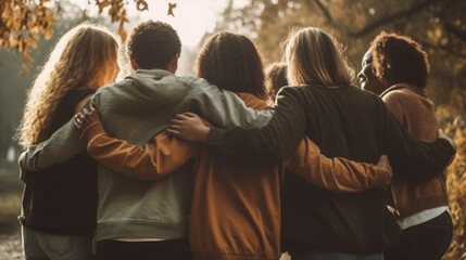 Back view of group of diverse people hugging each other Generative AI