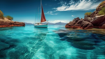 sailboat sailing on crystal clear blue water ocean, calm and peaceful seascape journey, idea for summer background, Generative Ai