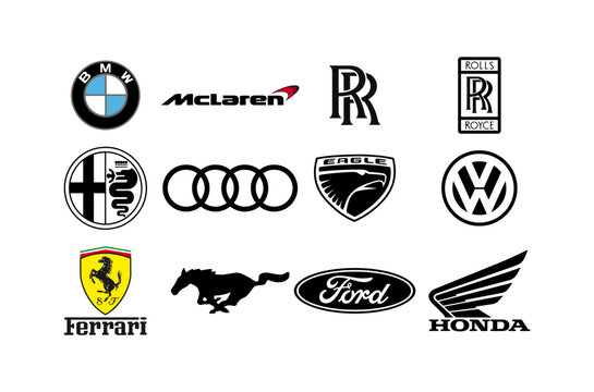 BMW; McLaren; Rolls Royce; Alfa romeo; Audi; Eagle cars; Volkswagen; Ferrari; Mustang; Ford; Honda - Collection of popular car brands logos. Vector. Editorial illustration.