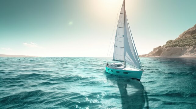 sailboat sailing on crystal clear blue water ocean, calm and peaceful seascape journey, idea for summer background, Generative Ai