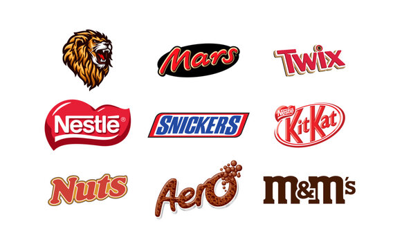 Line; Mars; Twix; Nestle; Snickers; Kit Kat; Nuts; Aero; m&m's - Collection of popular candy brands logo. Vector. editorial illustration.