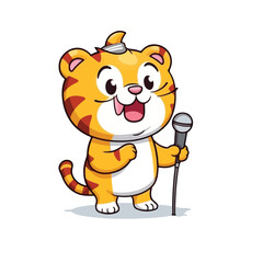 Obraz na płótnie Canvas Mascot of cute tiger singing with microphone. Cartoon flat character vector illustration
