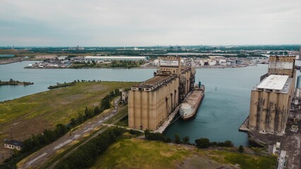 Fototapeta na wymiar Drone shot of an abandoned ship in the Illinois International Port