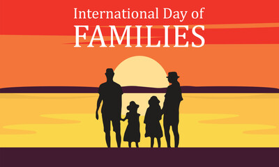 International Day of Families design. It shows a silhouette of a family consisting a mother,father and children during the sunset by the sea. Vector illustration