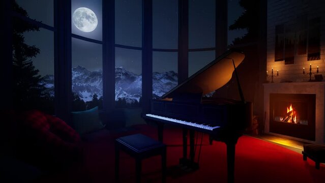 A cozy living room with a burning fireplace and a piano in the light of the moon against the backdrop of night, winter mountains. The concept of rest, comfort, relaxation.