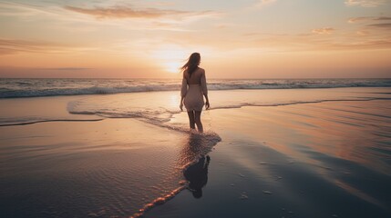 a beautiful woman walking at beach shore during twilight, idea for hope and happiness, healthy mind concept, Generative Ai