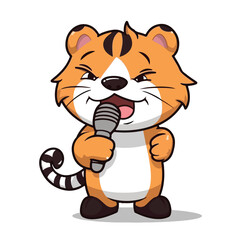 Mascot of cute tiger singing with microphone. Cartoon flat character vector illustration