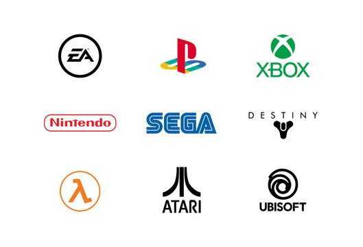 Electronic Arts; Sony Playstation; xbox Nintendo; Sega; Destiny; lambda; Atari; Ubisoft - World famous gaming industry logos. Vector. Editorial illustration.