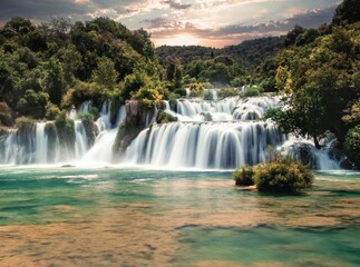 Beautiful shot of a flowing waterfall in Krka National Park, Croatia