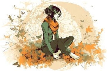 Illustration of a beautiful woman sitting on the floor, doing yoga and meditating 