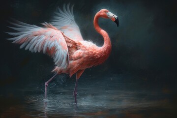 Fototapeta premium Painting of a beautiful landing flamingo