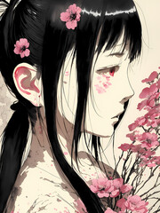 portrait of a woman with flowers, drawing, anime, manga, comic, cartoon generative ai generative ki