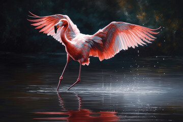 Obraz premium Painting of a beautiful landing flamingo