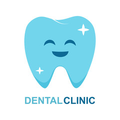 Dental clinic logo in flat design on white background. Blue smile tooth cute character.