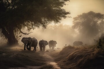 Elephant Family in Tanzania, Foggy Sunrise, National Park