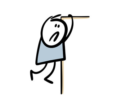 Doodle unfortunate stickman clutched the edge with his hands, holds on and hangs over the abyss, afraid to fall down.