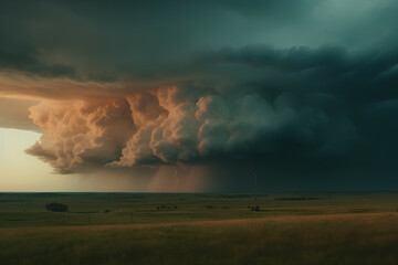 Obraz na płótnie Canvas Supercell storm cloud over an open field, Generative AI