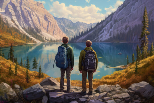 Two hikers in mountains at sunset. Not actual real people. Digitally generated AI image