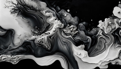 Beautiful Black and White Liquid Swirls with White Particles. Luxurious Art Wallpaper. Generative AI.