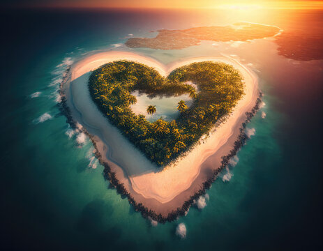 Sunrise Aerial view of Exotic Island in the Shape of a Heart. Love Travel Concept. Generative AI.