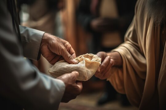 A man giving zakat charity during Ramadan. Man s generosity and giving spirit. The image show the man handing over food to those in need. Generative Ai