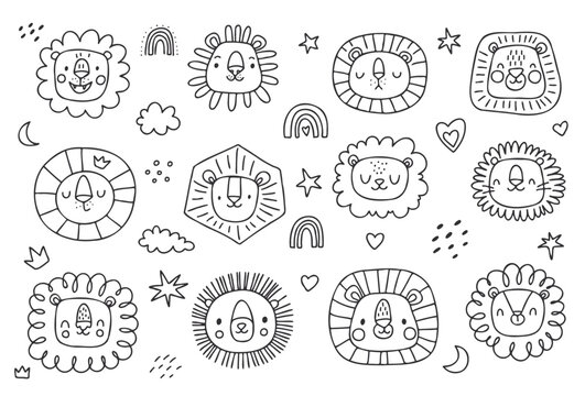 Cute doodle lion heads set. Childish illustration