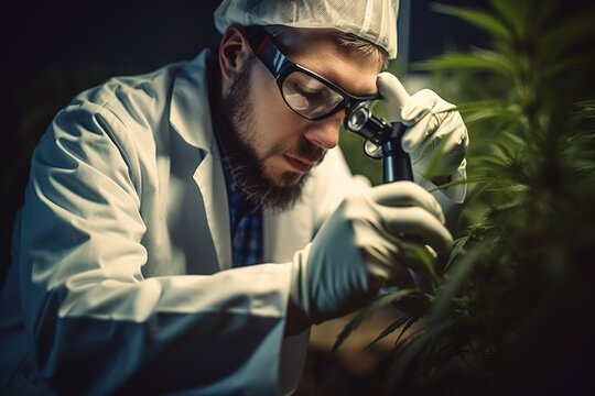 Portrait of scientist checking hemp plants in a greenhouse. Marijuana research, cbd oil. Concept Pharmaceptical industry.