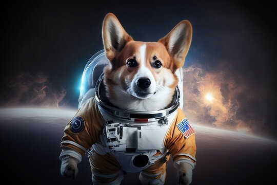 Cosmonaut Corgi in a white space suit