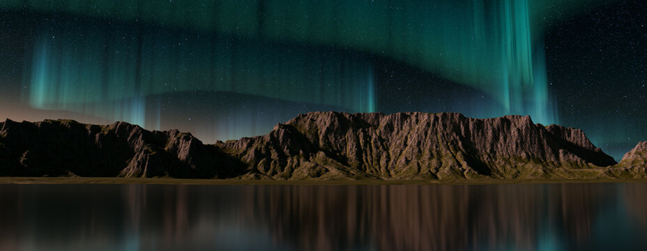 Green Aurora Lights over Rugged Mountains. Majestic Northern Lights Wallpaper with copy-space.