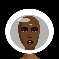 Fashion Afro Woman portrait. Black Woman Cosmonaut. Lady Astronaut. Vector illustration. First Fashion model on the Moon.
