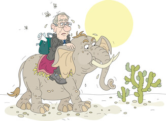 Tired and sad government official with a briefcase of documents traveling on his elephant through a hot desert, vector cartoon illustration isolated on a white background