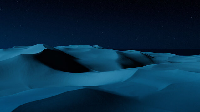 Desert Landscape with Sand Dunes and Blue Gradient Starry Sky. Beautiful Contemporary Background.