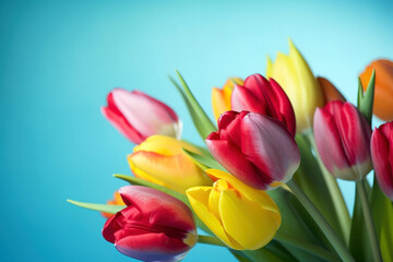 Beautiful bouquet of tulips on blue background with empty place for greeting text placement. Digitally generated AI image
