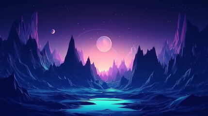 abstract virtual reality violet background, cyber space landscape with mountains