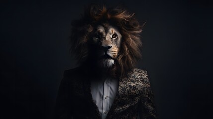 Mann mit einem Löwenkopf auf dunklem Hintergrund